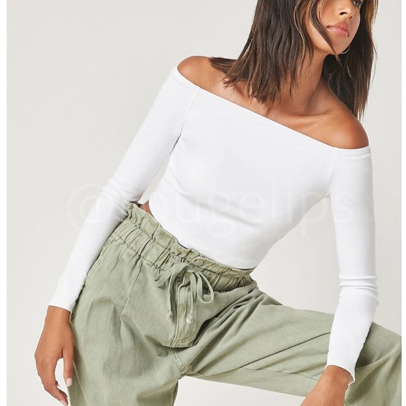 Rouge! Tops - White Off The Shoulder Long Sleeve Crop Top Fitted